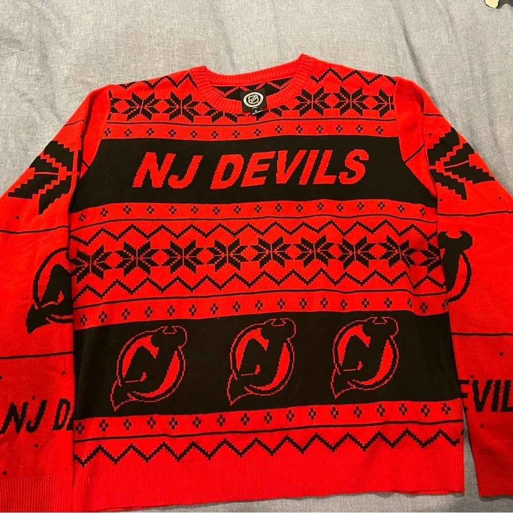 NHL NJ Devils Red and Black Christmas / Winter sweater - Picture 1 of 4